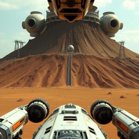 Image with seed 64931 generated via Stable Diffusion through @stablehorde@sigmoid.social. Prompt: The shuttle’s forward cameras were focused on the terraforming engines, which were a pretty big thing to focus on. The structure was partially buried in the plain and formed a giant mound with skeletal metal towers, round things, and big tubes and whatever along its top ridge.