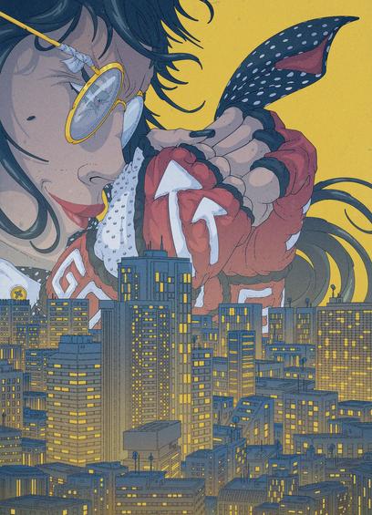 Color illustration of an office working woman, with her fighting-glove-fitted fist rised and ready to fight. We see her from above the neck, and the bottom half of the image is filled by a view of a city.
