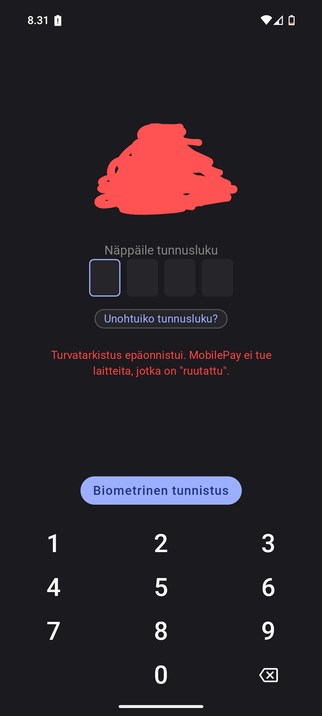 MobilePay appin kirjautumisnäkymä, jossa ohjelma näyttää virheilmoituksen "Turvatarkastus epäonnistui. MobilePay ei tue laitteita, jotka on 'ruutattu'.".