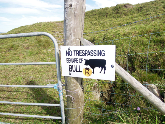 zaun mit durchgang vor einem grünen hügel bei den cliffs of moher … in der mitte des bildes am zaun ein schild mit der aufschrift „no trespassing … beware of bull“ und der grafischen darstellung eines bullen