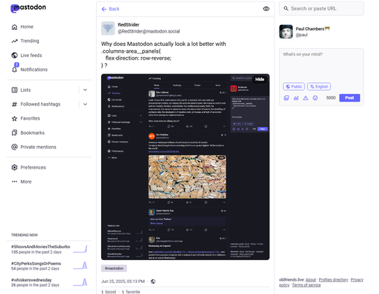 Screenshot of Mastodon timeline with menu bar on left instead of the right.