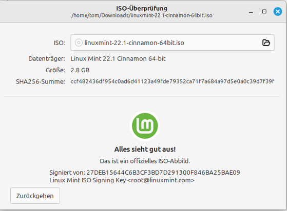 Screenshot einer Linux Mint Iso-Überprüfung mit diversen Daten. Die Zentrale Meldung besagt: Alles sieht gut aus!