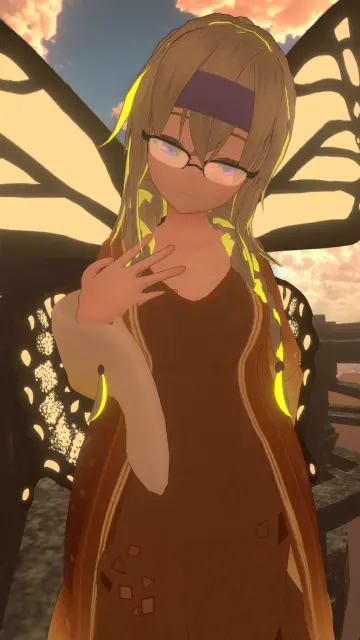 Virtual Photo of one of my VRChat characters, Coire (anime woman with platinum blonde hair with glowing yellow bits, glasses, orange-brown eastern-like clothing and a brown dress, boots, sporting a large butterfly/moth-like fairy wings).