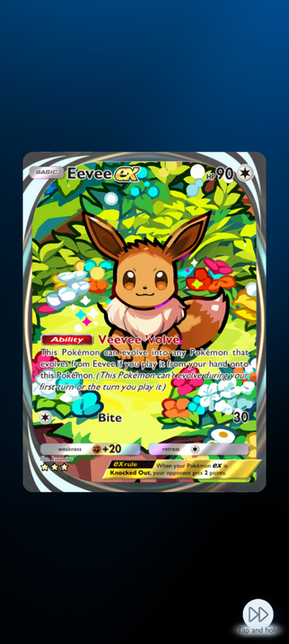 Screenshot of the Pokémon TCGP game on mobile.
It shows that I got the "Eevee Ex" card from the latest pack extension, the animated version