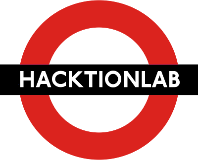Logo with the word  'HacktionLab' in white block letter on black background across a red circle