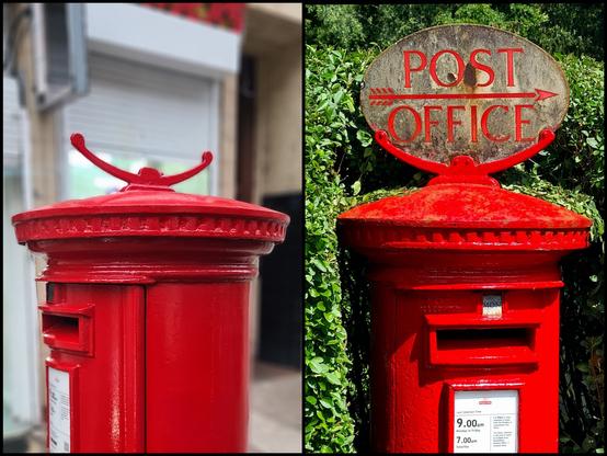 On the left is a  post box with an empty bracket on its top. On the right is a second post box with the original sign still in place on its bracket.