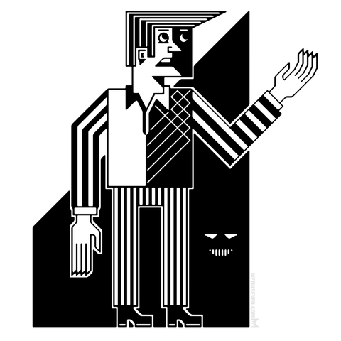 A black and white character design in an experimental, artistic graphic design style.