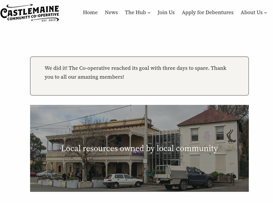 A screenshot of the castlemaine.coop front page with a banner stating "We did it! The Co-operative reached its goal with three days to spare. Thank you to all our amazing members!" Woooohoooooo!!!