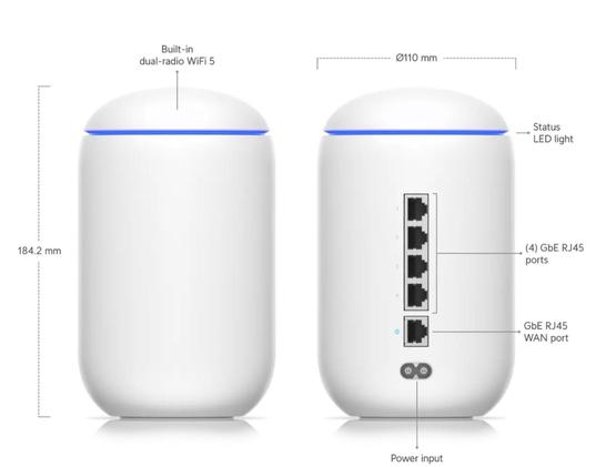 A marketing image of a ubiquiti unifi dream machine wifi router, with dimensions. It is cylindrical, 110mm in diameter and about 185mm long, with a blunt rounded top.