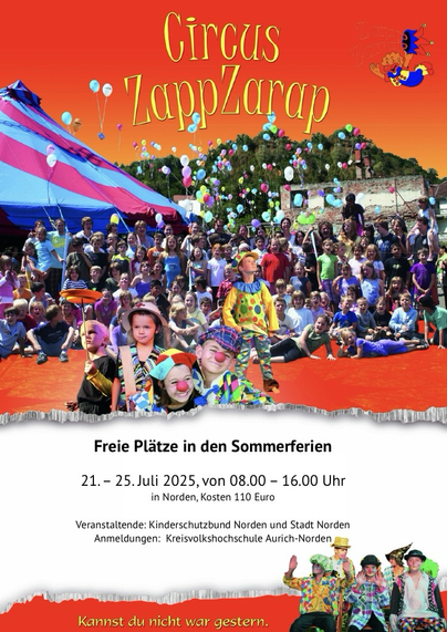 Plakat des Mitmachcircus Zappzerapp mit Kindern, Ballons und einem Zirkuszelt