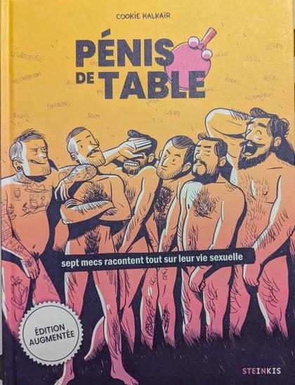 Première de couverture du livre Pénis de table par cookie KALKAIR.
6 hommes tout nus en dessin avec leurs mains sur leurs pénis