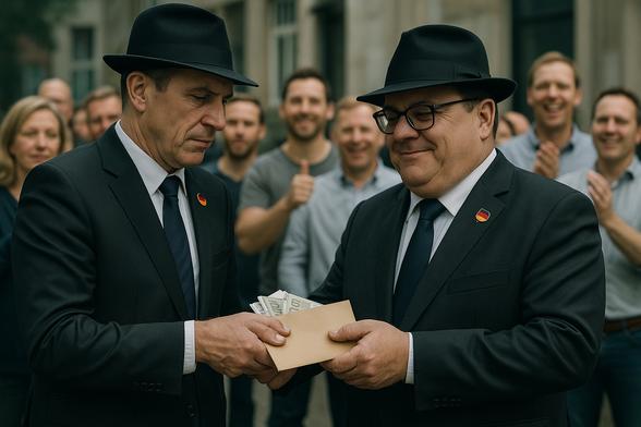 Im Vordergrund stehen zwei Männer in dunklen Anzügen mit Hüten – Symbolfiguren für Parteisoldaten oder korrupte Politiker. Sie übergeben sich diskret einen Umschlag voller Geldscheine, ein klassisches Bild für Korruption. Beide tragen Anstecker mit deutschen Farben. Im Hintergrund stehen Bürgerinnen und Bürger, die klatschen, lächeln oder den Daumen nach oben zeigen – als würde die Szene Zustimmung oder Gleichgültigkeit auslösen. Dieses Bild symbolisiert eine Gesellschaft, die entweder wegschaut oder aktiv mitmacht, wenn demokratische Werte verletzt werden.

📷 Image Description – English:
In the foreground, two men in dark suits and hats – symbolic of party enforcers or corrupt politicians – exchange a cash-filled envelope in a classic act of corruption. Both wear pins in the colors of the German flag. In the background, citizens stand clapping, smiling, or giving thumbs-up, as if approving or indifferent to the scene. The image portrays a society that either looks away or tacitly supports the erosion of democratic values.🖖