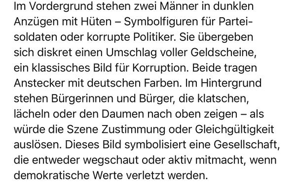 Im Vordergrund stehen zwei Männer in dunklen Anzügen mit Hüten - Symbolfiguren für Partei-soldaten oder korrupte Politiker. Sie übergeben sich diskret einen Umschlag voller Geldscheine, ein klassisches Bild für Korruption. Beide tragen Anstecker mit deutschen Farben. Im Hintergrund stehen Bürgerinnen und Bürger, die klatschen, lächeln oder den Daumen nach oben zeigen - als würde die Szene Zustimmung oder Gleichgültigkeit auslösen. Dieses Bild symbolisiert eine Gesellschaft, die entweder wegschaut oder aktiv mitmacht, wenn demokratische Werte verletzt werden.🖖