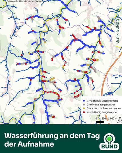 Zu sehen ist eine Karte von Bächen in Sachen, die die Wasserführung zeigt. Unten steht "Wasserführung an dem Tag der Aufnahme", rechts ist das BUND Logo