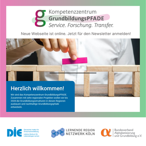 Grafik des Kompetenzzentrums GrundbildungsPFADE. Im oberen Bereich das Logo mit dem Schriftzug:
„Kompetenzzentrum GrundbildungsPFADE – Service. Forschung. Transfer.“
Darunter der Hinweis: „Neue Webseite ist online. Jetzt für den Newsletter anmelden!“
Zentrales Bild: Eine Hand legt symbolisch einen pinken Holzstein zwischen zwei Holzbrücken und schließt damit eine Lücke – als Metapher für Brücken in der Grundbildung.
Blauer Kasten mit Begrüßungstext:
„Herzlich willkommen! Wir sind das Kompetenzzentrum GrundbildungsPFADE. Zusammen mit zehn regionalen Projekten wollen wir bis 2028 die Grundbildungsstrukturen in diesen Regionen ausbauen und nachhaltige Grundbildungspfade entwickeln.“
Unten die Logos der drei Träger:
DIE – Deutsches Institut für Erwachsenenbildung,
Lernende Region Netzwerk Köln e.V.,
Bundesverband Alphabetisierung und Grundbildung e. V.