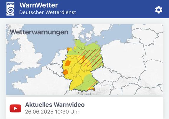 WarnWetter
Deutscher Wetterdienst
Wetterwarnungen
Aktuelles Warnvideo
26.06.2025 10:30 Uhr🖖