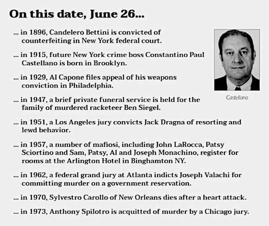 Image of Paul Castellano. Text reads: On this date, June 26...
in 1896, Candelero Bettini is convicted of counterfeiting in New York federal court.
in 1915, future New York crime boss Constantino Paul Castellano is born in Brooklyn.
in 1929, Al Capone files appeal of his weapons conviction in Philadelphia.
in 1947, a brief private funeral service is held for the family of murdered racketeer Ben Siegel.
in 1951, a Los Angeles jury convicts Jack Dragna of resorting and lewd behavior.
in 1957, a number of mafiosi, including John LaRocca, Patsy Sciortino and Sam, Patsy, Al and Joseph Monachino, register for rooms at the Arlington Hotel in Binghamton NY.
in 1962, a federal grand jury at Atlanta indicts Joseph Valachi for committing murder on a government reservation.
in 1970, Sylvestro Carollo of New Orleans dies after a heart attack.
in 1973, Anthony Spilotro is acquitted of murder by a Chicago jury.