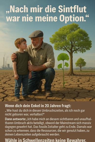 Ein Großvater kniet in einem ausgetrockneten, rissigen Boden und legt schützend seinen Arm um seinen Enkel. Im Hintergrund ist eine rauchende Industrieanlage zu sehen – Symbol des fossilen Zeitalters. Doch neben den beiden wächst ein junger Ginkgo-Sprössling, und etwas weiter hinten stehen grüne Bäume auf aufkeimendem Gras: Hoffnung, Wandel, Zukunft. Über dem Bild steht in großer weißer Schrift:
„Nach mir die Sintflut war nie meine Option.“
Darunter ein emotionaler Appell:
„Wenn dich dein Enkel in 20 Jahren fragt …“ – ein eindrücklicher Text, der Verantwortung, Weitsicht und aktive Beteiligung am Umbruch einfordert.
Der Post endet mit dem klaren Hinweis:
„Wähle in Schwellenzeiten keine Bewahrer.“

📷 Image Description (English):
A grandfather kneels on cracked, barren earth, placing a protective arm around his grandson. In the background, a smoking industrial complex symbolizes the fossil age. But beside them grows a young ginkgo sprout, and further back, green trees begin to reclaim the land – signs of hope, change, and renewal. Bold white text at the top reads:
“‘After me, the flood was never my option.’”
Beneath, a poignant message urges people to consider how they’ll explain their choices to future generations.
The post concludes with a clear call to action:
“In times of transition, do not vote for preservers.”🖖