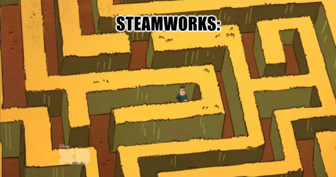 A drawing of a person lost in a maze, on top there's a headline that says: "Steamworks"