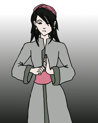 A dark-haired woman in a green robe with pink obi, doing finger signs.