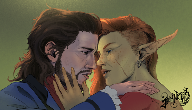 Gale, from Baldur's gate 3, and Amaranth, Jack Norisk's Tav, a wood elf woman, close up. Their heads close to each other's, a longing expression. Amaranth's hand caressing Gale's chin, while Gale's slide lightly on her shoulder. On the verge of a kiss.