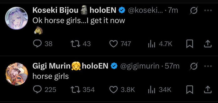 Tweets by Koseki Bijou and Gigi Murin about horse girls