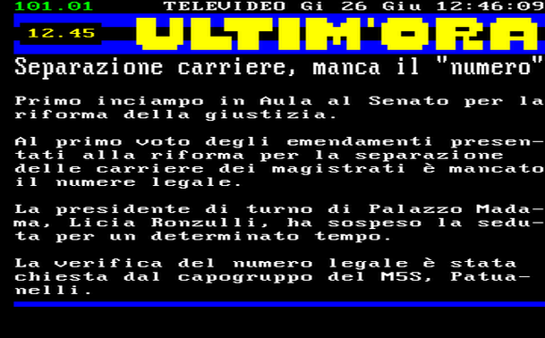 12.45 
Primo inciampo in Aula al Senato per la riforma della giustizia. 
Al primo voto degli emendamenti presentati alla riforma per la separazione delle carriere dei magistrati è mancato il numere legale. 
La presidente di turno di Palazzo Madama, Licia Ronzulli, ha sospeso la seduta per un determinato tempo. 
La verifica del numero legale è stata chiesta dal capogruppo del M5S, Patuanelli.