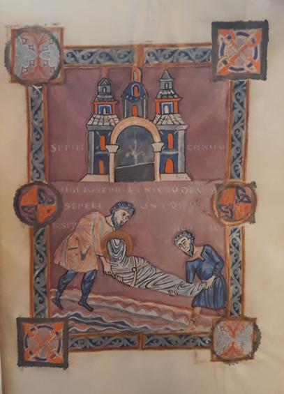 Du même manuscrit, mêmes couleurs, fond pourpre. En bas, l'ensevelissement du Christ, porté dans son linceul par Joseph d'Arimathie et Nicodème ; en haut le saint Sépulcre, l'arbre de vie apparaît au centre du porche.