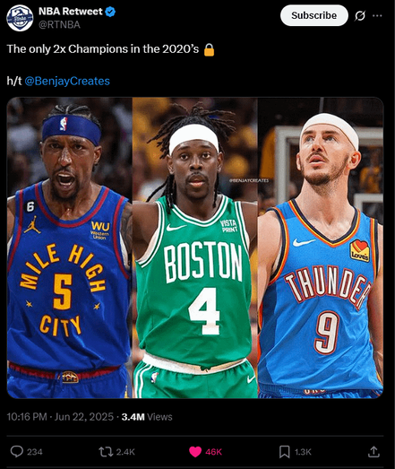 It's genuinely funny, how two of the three double champions of the 2020s both wore purple and gold.