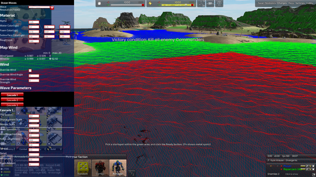Screenshot of Beyond All Reason. The water plane is replaced with a clipmap which is displaced by a wave simulation. Each level of the clipmap is colored differently.