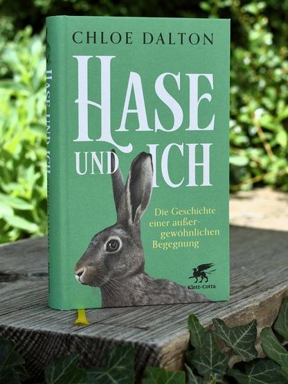 Das Buch „Hase und ich“ von Chloe Dalton. Das Cover zeigt den Titel in großer weißer Schrift auf grünem Grund, außerdem ist die naturgetreue Zeichnung eines Feldhasen zu sehen.