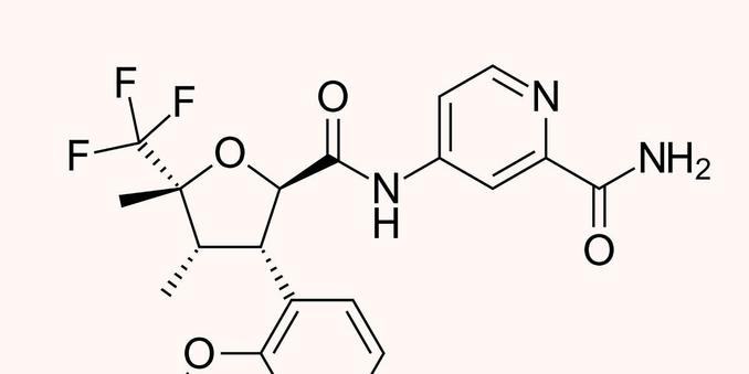 Part of a chemical diagram for a hydrocarbon that has several carbon rings, a cluster of flourine atoms on one side, and a typical smattering of oxygen and nitrogen atoms here and there.