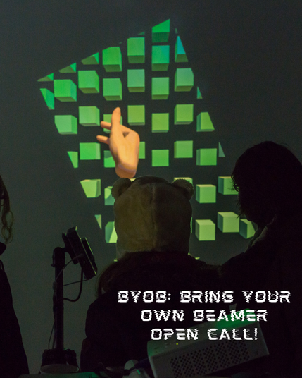art projection on wall with silhouette of visitors. Text saying: BYOB: Bring your own beamer open call!