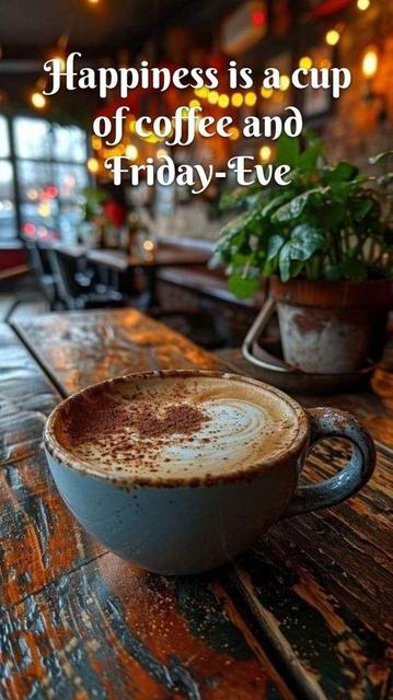 A cup of coffee sitting on a table in a rustic cafe setting. Caption: "Happiness is a cup of coffee and Friday-Eve".
