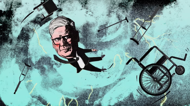 Composite image, Starmer in a whirlpool with wheelchairs and crutches surrounding him