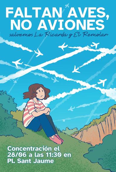 Póster que he dibujado para dar visibilidad a la convocatoria de Zeroport, con el texto Faltan aves, no aviones y la información de la concentración (11:30 el 28/06, en la Pl. Sant Jaume de Barcelona) y el dibujo de alguien mirando al cielo, que está crujido de aviones pasando todo el rato