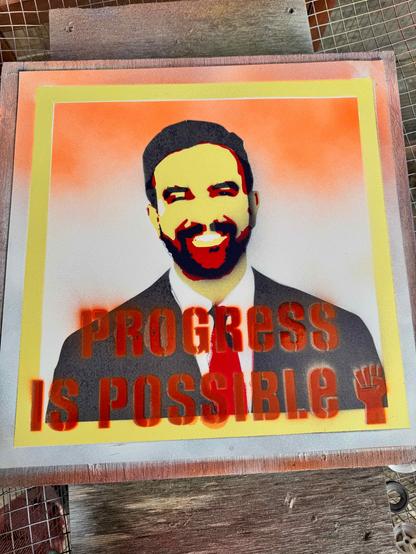 portrait of Zohan Mamdani with the words Progress Is Possible