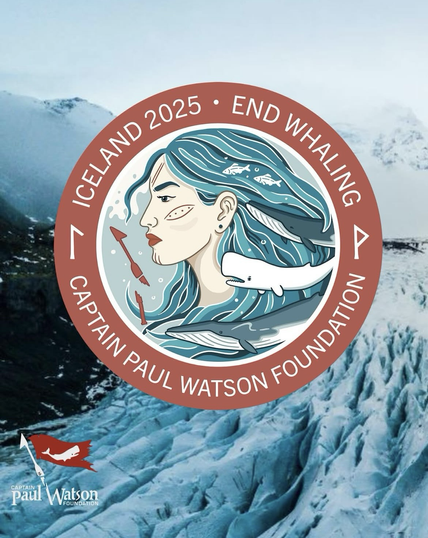 Circular drawing saying ‚Iceland 2025‘, ‚End Whaling‘, ‚Captain Paul Watson Foundation‘ in the middle is a woman with blue hair and strong Features, her hair looks like waves with fish and whales swimming in it, on the left side there are Harpunes broken in two pieces
