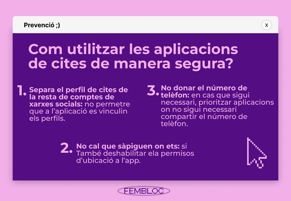 Primera imatge d'una sèrie de consells per utilitzar de manera segura les apps de cites: 1. Separa el perfil de cites de comptes de xarxes socials. 2. No cal que sàpiguen on ets. 3. No donis el teu número de telèfon.