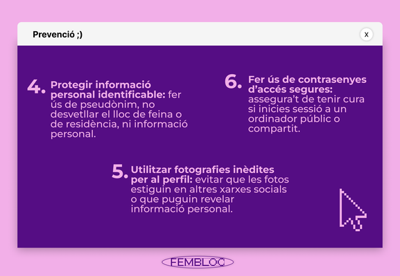 Segona imatge amb consells per utilitzar apps de cites de manera segura: 4. Protegir informació personal identificable. 5. Utilitzar fotografies inèdites per al perfil. 6. Fer ús de contrasenyes daccés segures.