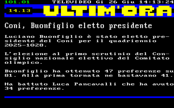 14.13 
Luciano Buonfiglio è stato eletto presidente del Coni per il quadriennio 2025-1028. 
L'elezione al primo scrutinio del Consiglio nazionale elettivo del Comitato olimpico. 
Buonfiglio ha ottenuto 47 preferenze su 81. Alla prima tornata ne bastavano 41. 
Ha battuto Luca Pancavalli che ha avuto 34 preferenze.