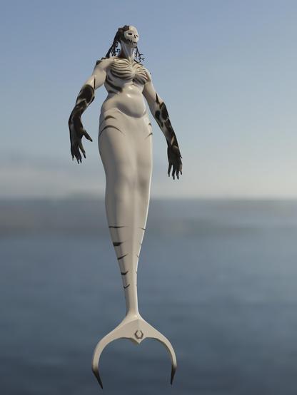 Sculpture of a fantasy horror mermaid with black markings, scary arms, and a decorated gold funeral mask
