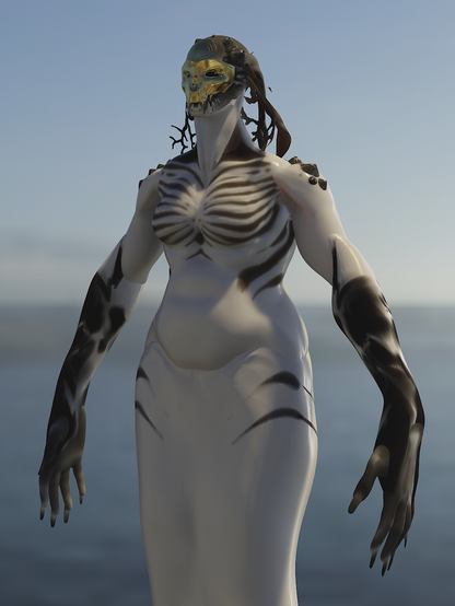 digital Sculpture of a fantasy horror mermaid with black markings, scary arms, and a decorated gold funeral mask. made in nomadsculpt.