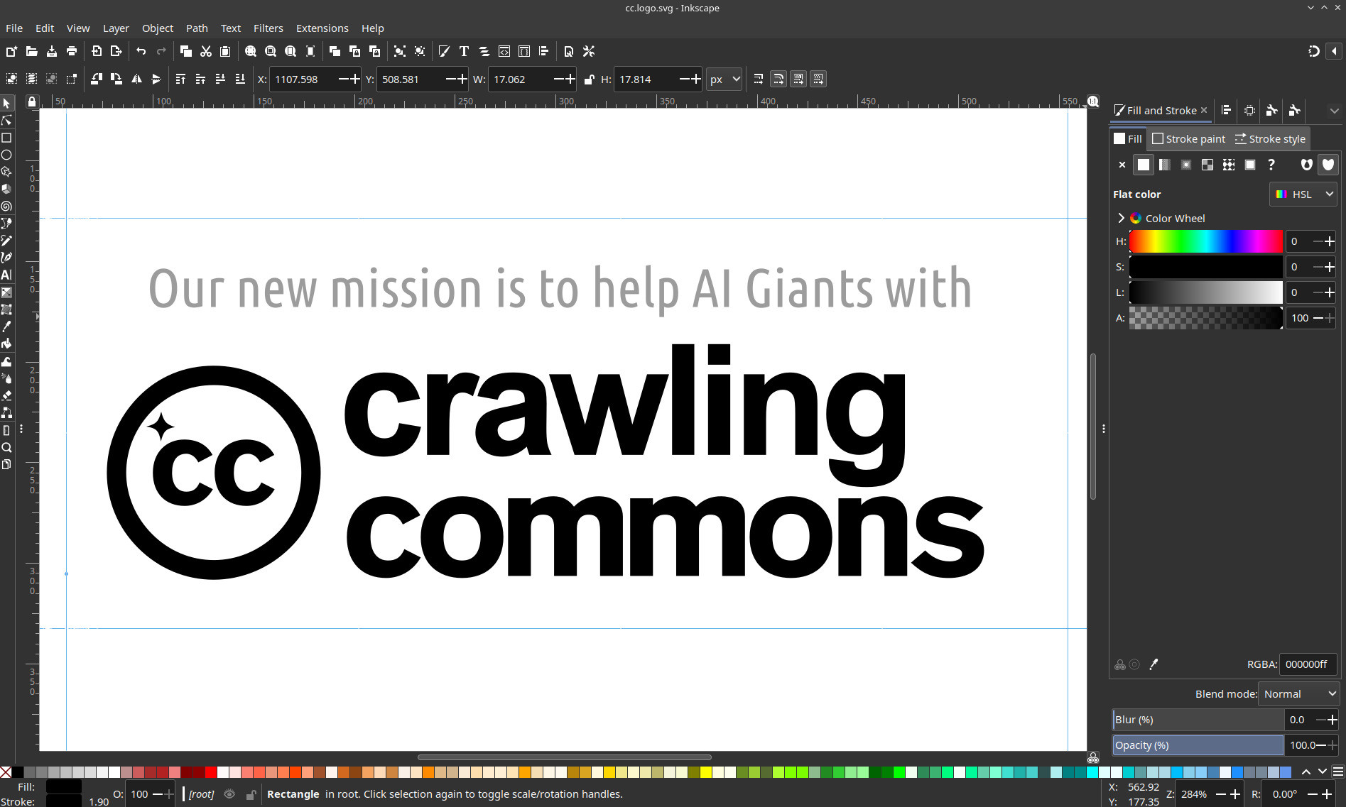 A screenshot of Inkscape, with a modified version of the Creative Commons logo on the canvas. It's now Crawling Commons, with the CC and the sparkle AI emoji. A line of text on the top "Our new mission is to help AI Giants with Crawling Commons".