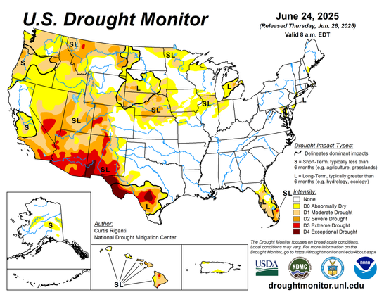 US Drought Monitor showing conditions for 6-26-25.