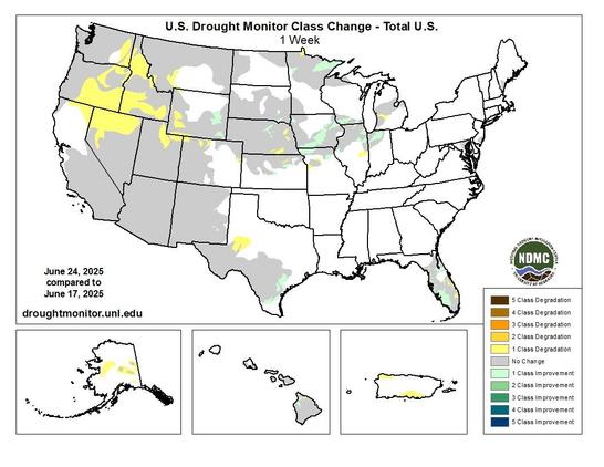 US Drought Monitor class change map comparing conditions from June 24 to June 17.