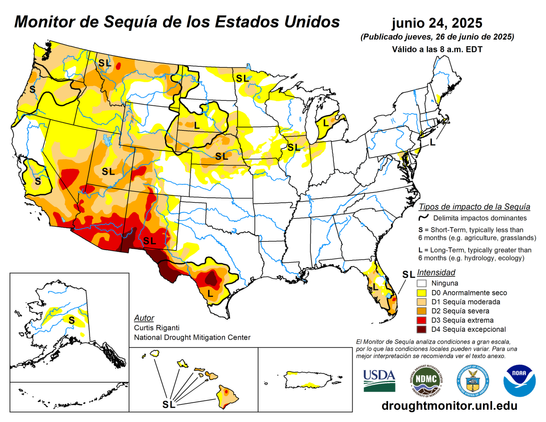 Monitor de sequía de EE. UU. que muestra las condiciones para el 26 de junio de 2025