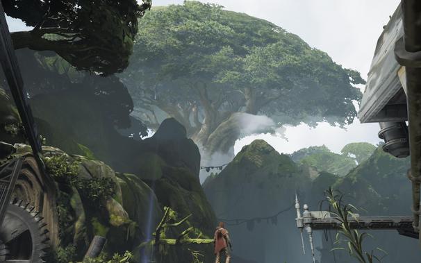 A screenshot of Star Wars Jedi: Fallen Order, depicting Cal Kestis looking at the gigantic origin tree on Kashyyyk in the distance.