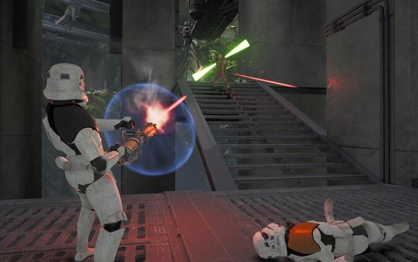 A screenshot of Star Wars Jedi: Fallen Order, depicting Cal Kestis running towards an imperial storm trooper, who is firing at him with a gattling laser weapon.