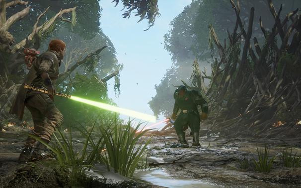 A screenshot of Star Wars Jedi: Fallen Order, depicting Cal Kestis preparing to face off against the Ninth Sister.